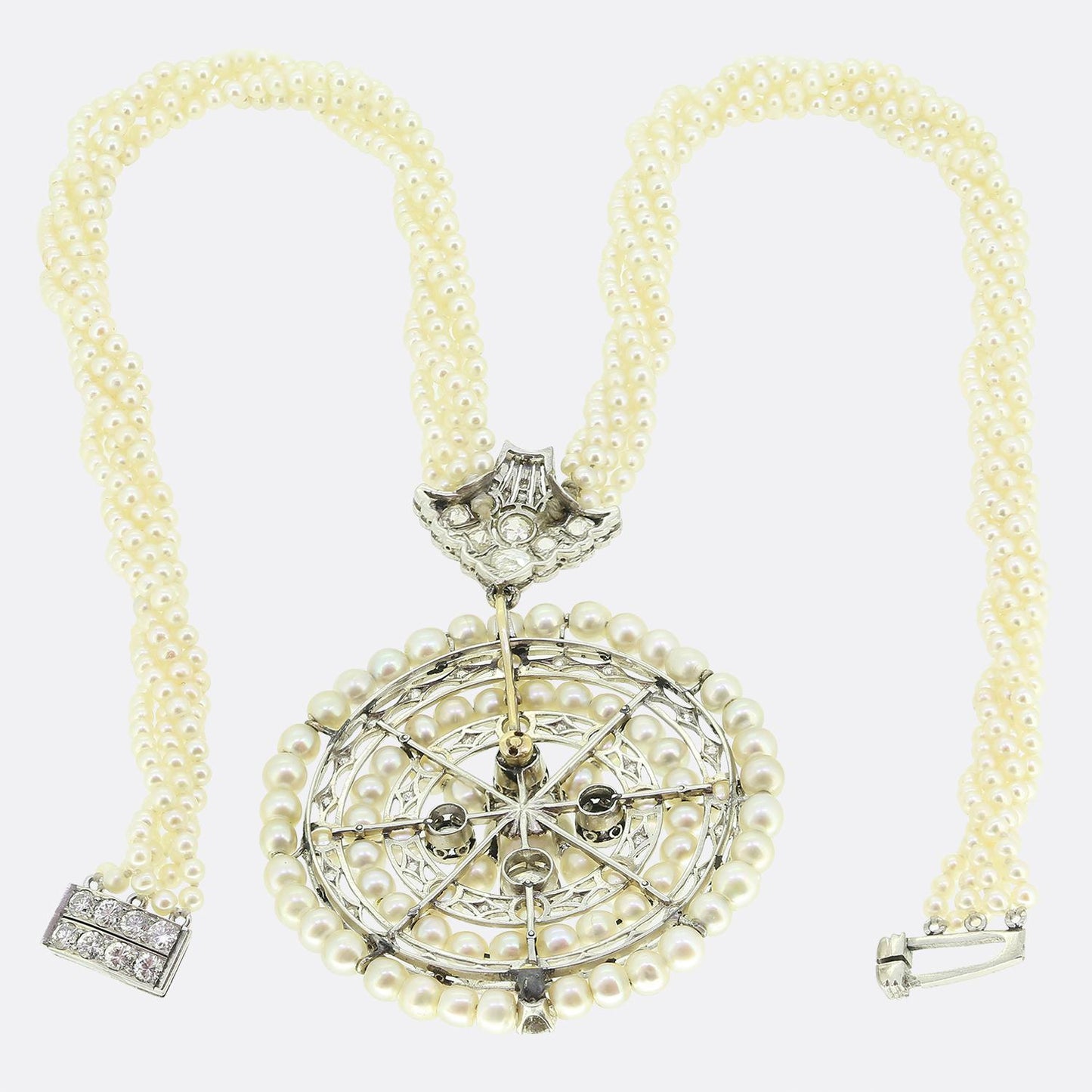 Antique Natural Pearl and Diamond Pendant Necklace