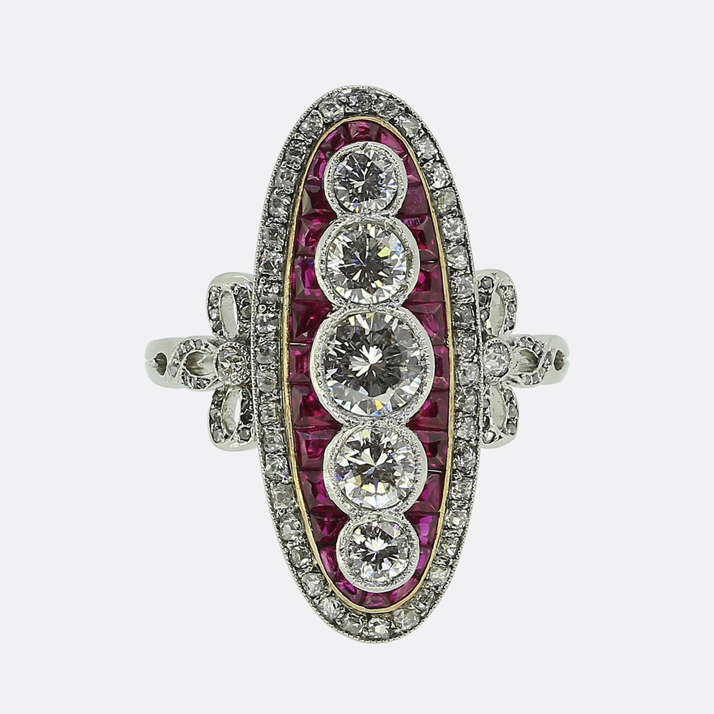 Late Art Deco Ruby and Diamond Navette Ring
