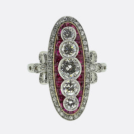 Late Art Deco Ruby and Diamond Navette Ring