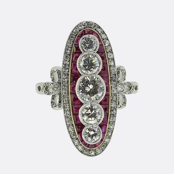 Late Art Deco Ruby and Diamond Navette Ring
