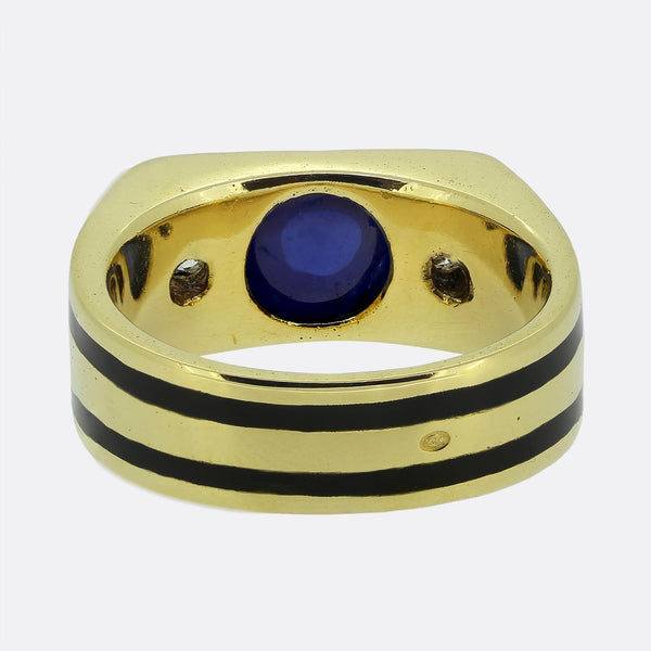 French Art Deco Cabochon Sapphire and Diamond Three-Stone Ring