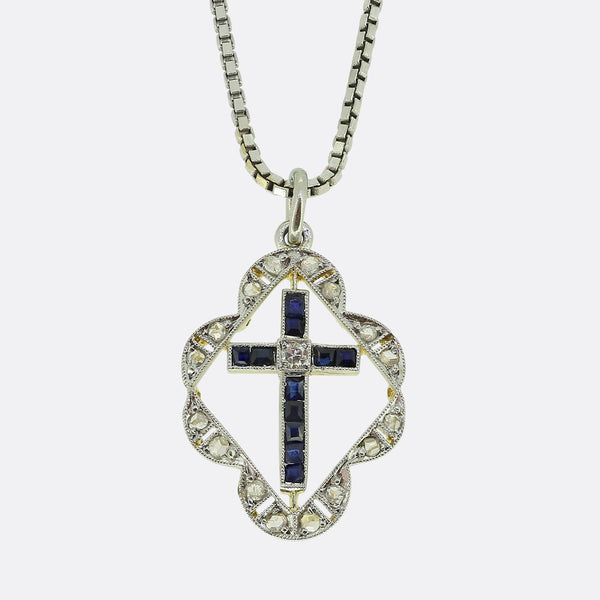 Art Deco Sapphire and Diamond Cross Pendant Necklace