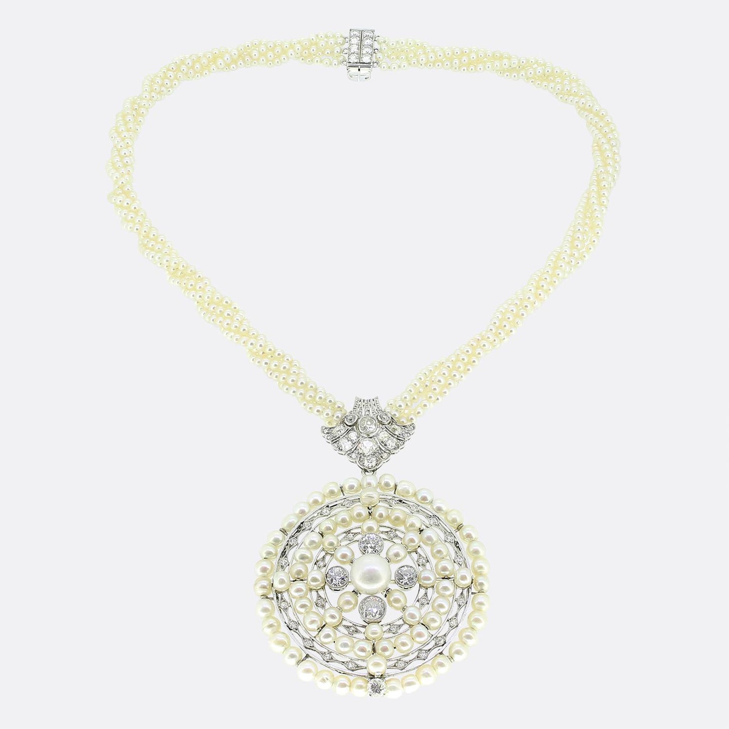 Antique Natural Pearl and Diamond Pendant Necklace