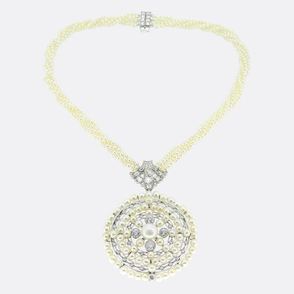 Antique Natural Pearl and Diamond Pendant Necklace