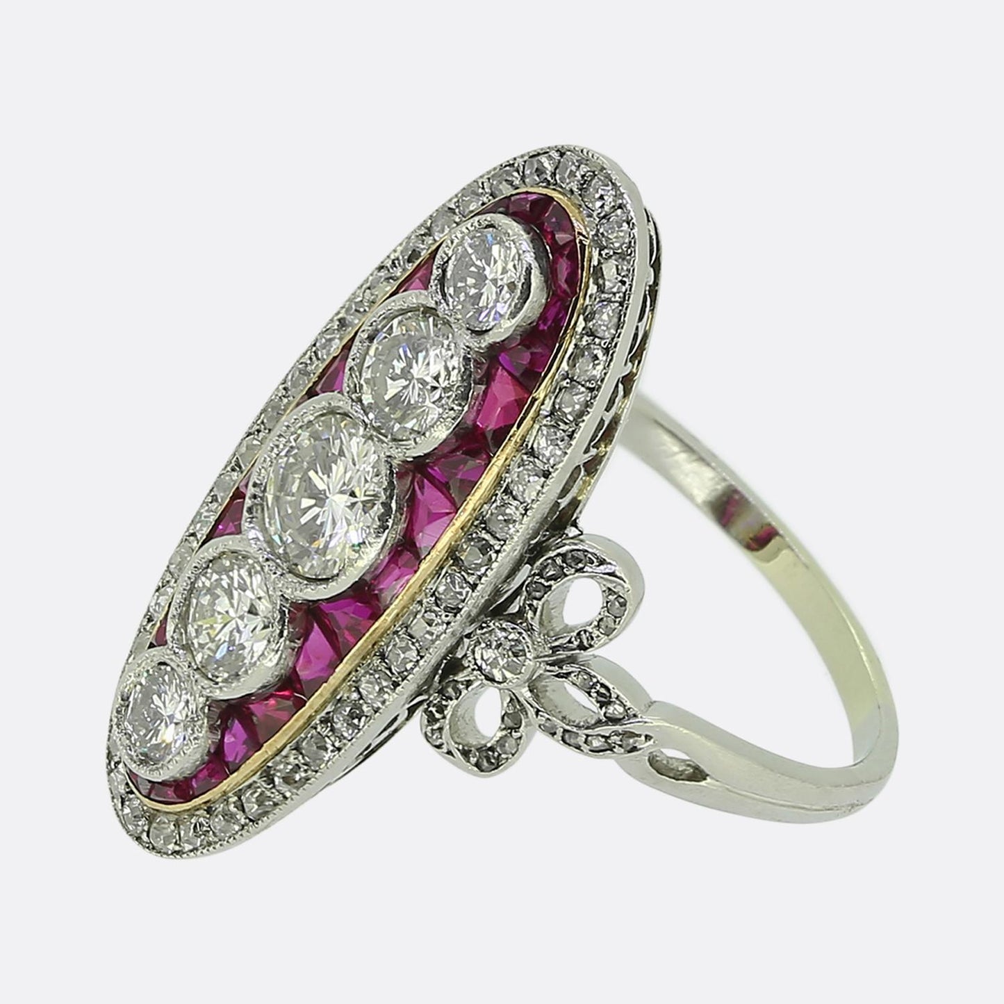 Late Art Deco Ruby and Diamond Navette Ring