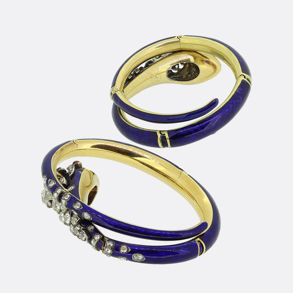 Victorian Old Cut Diamond Ruby and Enamel Snake Bangle Set