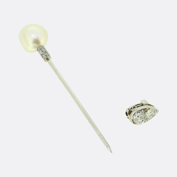 Art Deco Natural Pearl and Diamond Jabot Pin