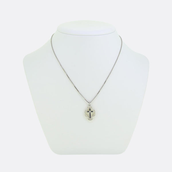 Art Deco Sapphire and Diamond Cross Pendant Necklace