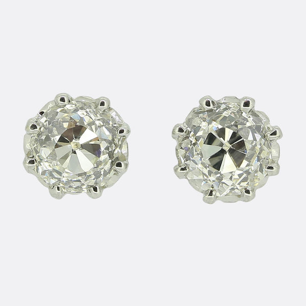 Antique 1.70 Carat Old Cut Diamond Stud Earrings