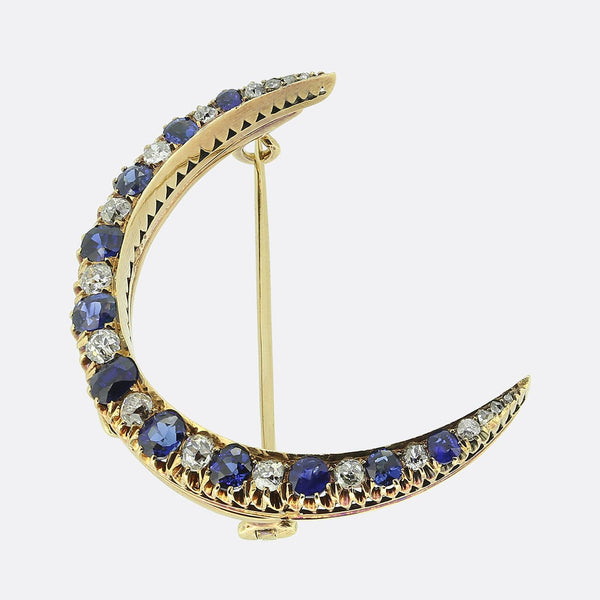 Antique Sapphire and Diamond Crescent Brooch