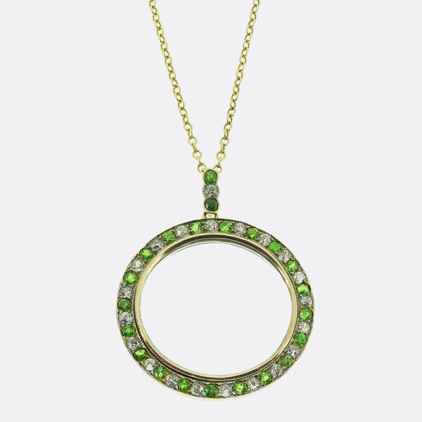 Art Deco Demantoid Garnet and Diamond Locket Pendant Necklace