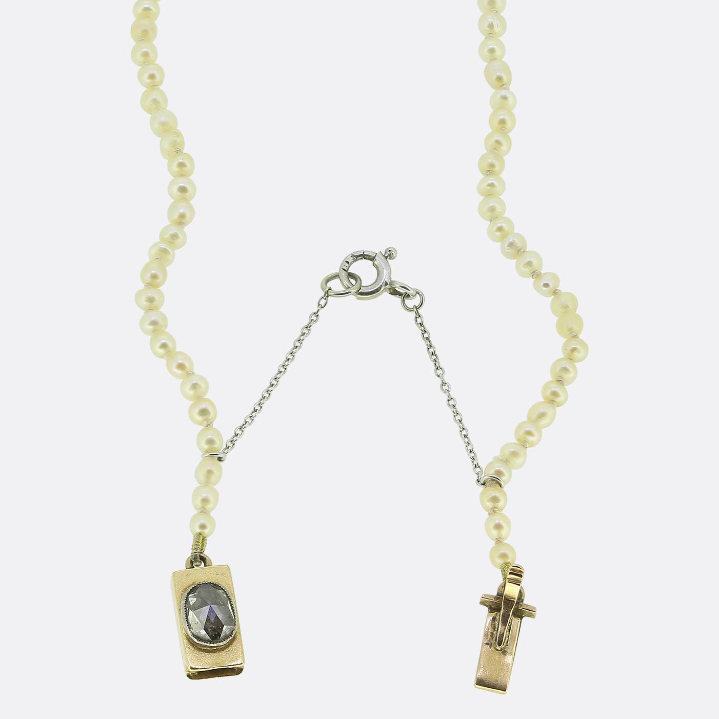 Antique Natural Pearl Necklace and Rose Cut Diamond Clasp