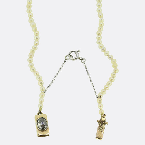 Antique Natural Pearl Necklace and Rose Cut Diamond Clasp