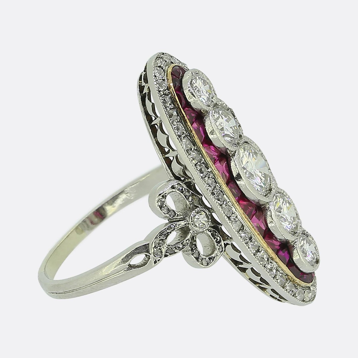 Late Art Deco Ruby and Diamond Navette Ring