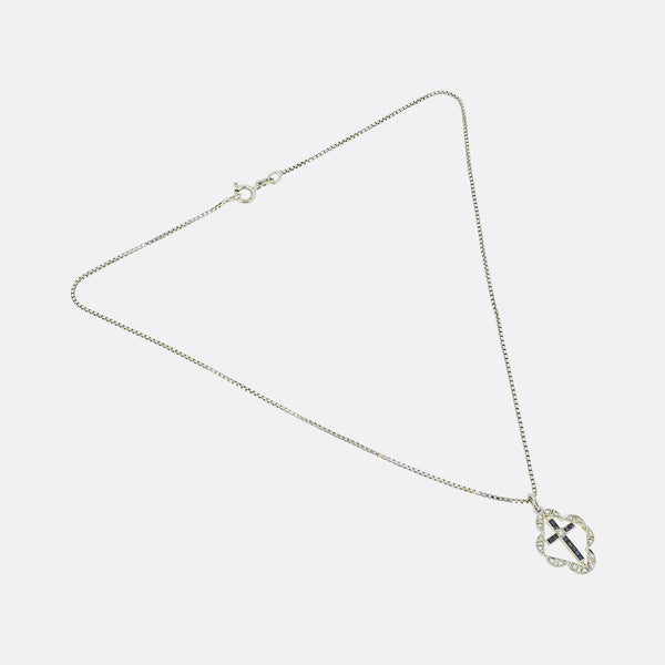 Art Deco Sapphire and Diamond Cross Pendant Necklace