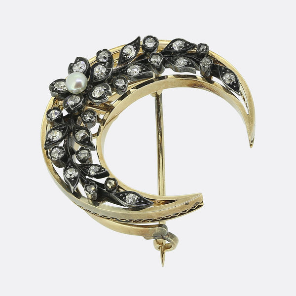 Victorian Pearl and Diamond Foliated Crescent Brooch