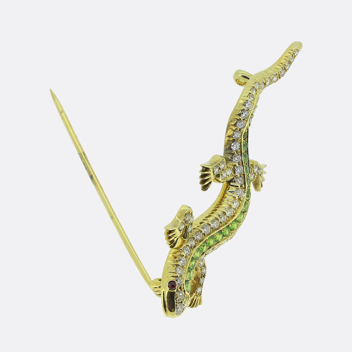 Vintage Demantoid Garnet and Diamond Lizard Brooch