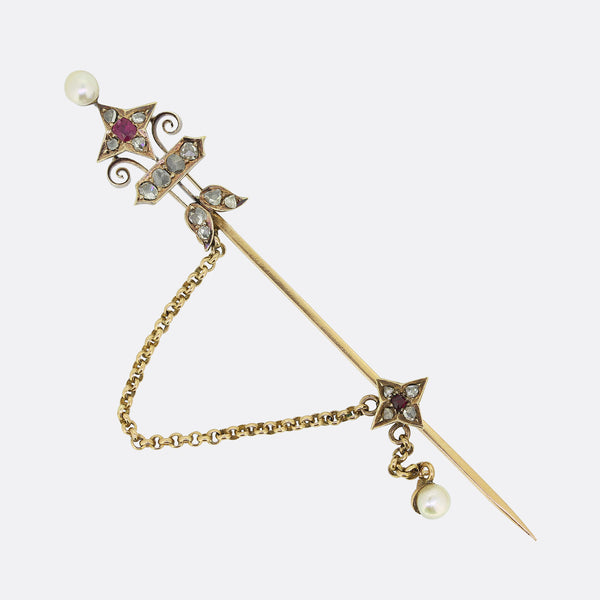 Victorian Pearl Ruby and Diamond Pin