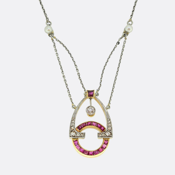 Art Deco Ruby Pearl and Diamond Necklace
