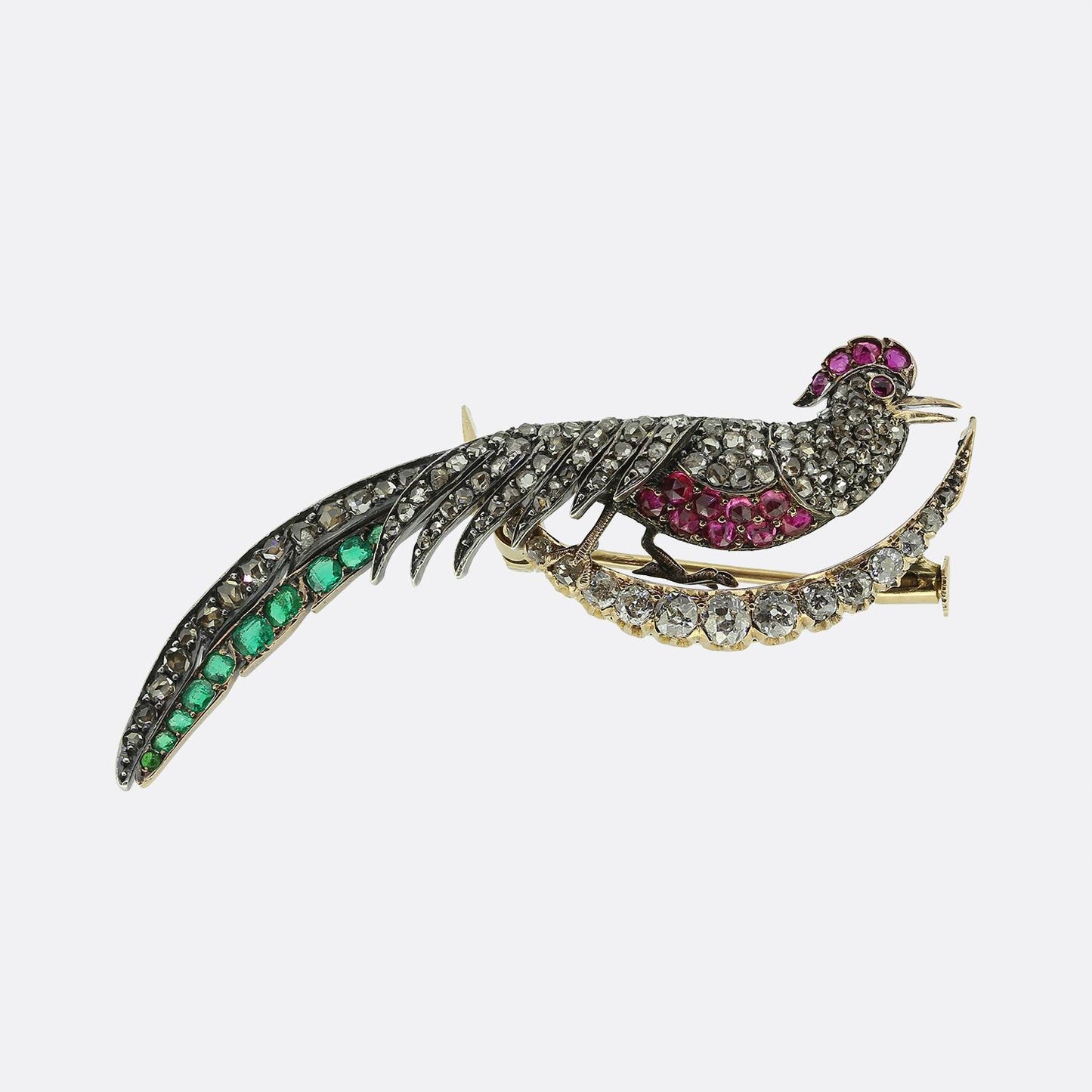 Victorian Ruby Emerald and Diamond Peacock Crescent Brooch