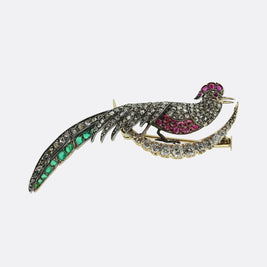 Victorian Ruby Emerald and Diamond Peacock Crescent Brooch