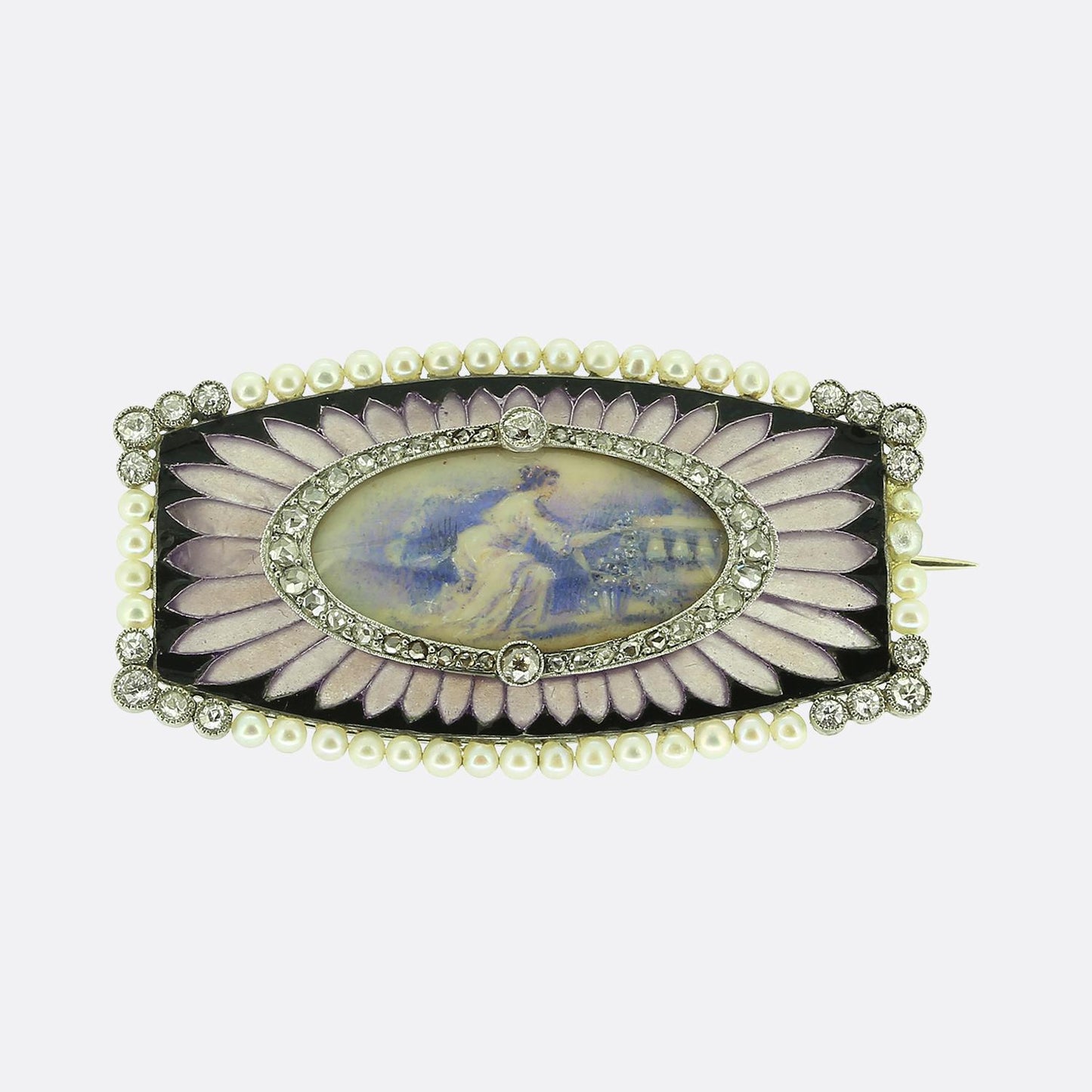 Belle Époque Pearl and Diamond Miniature Portrait Brooch