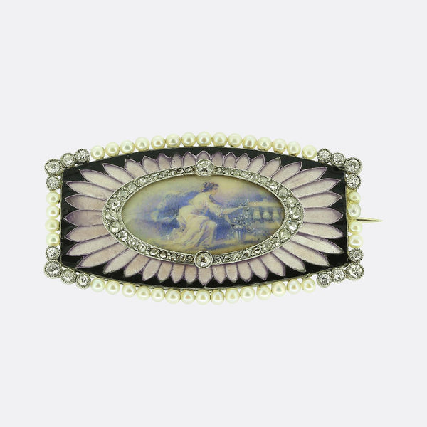 Belle Époque Pearl and Diamond Miniature Portrait Brooch