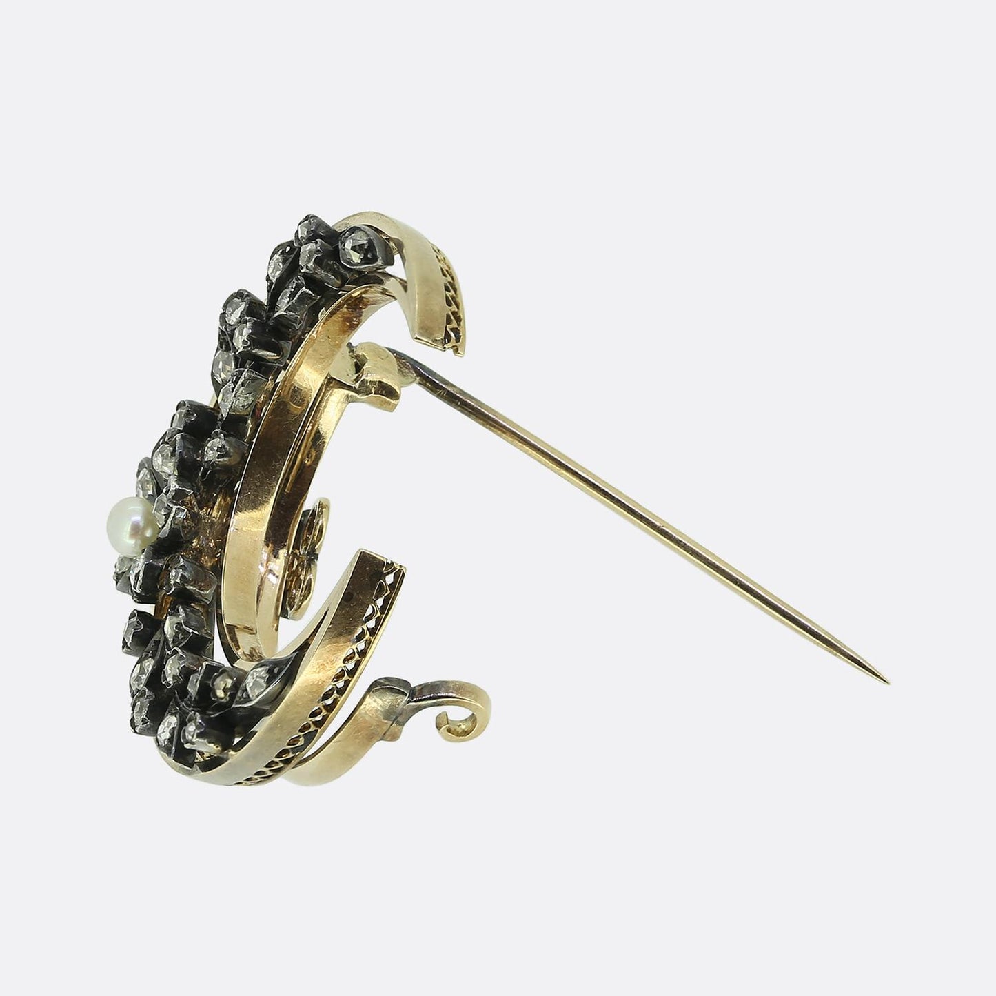 Victorian Pearl and Diamond Foliated Crescent Brooch