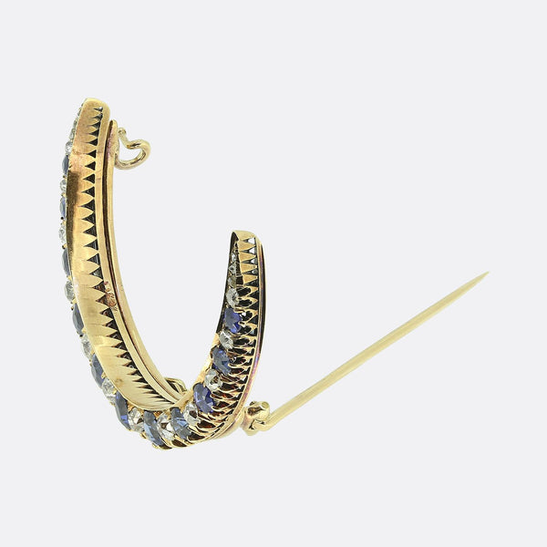 Antique Sapphire and Diamond Crescent Brooch