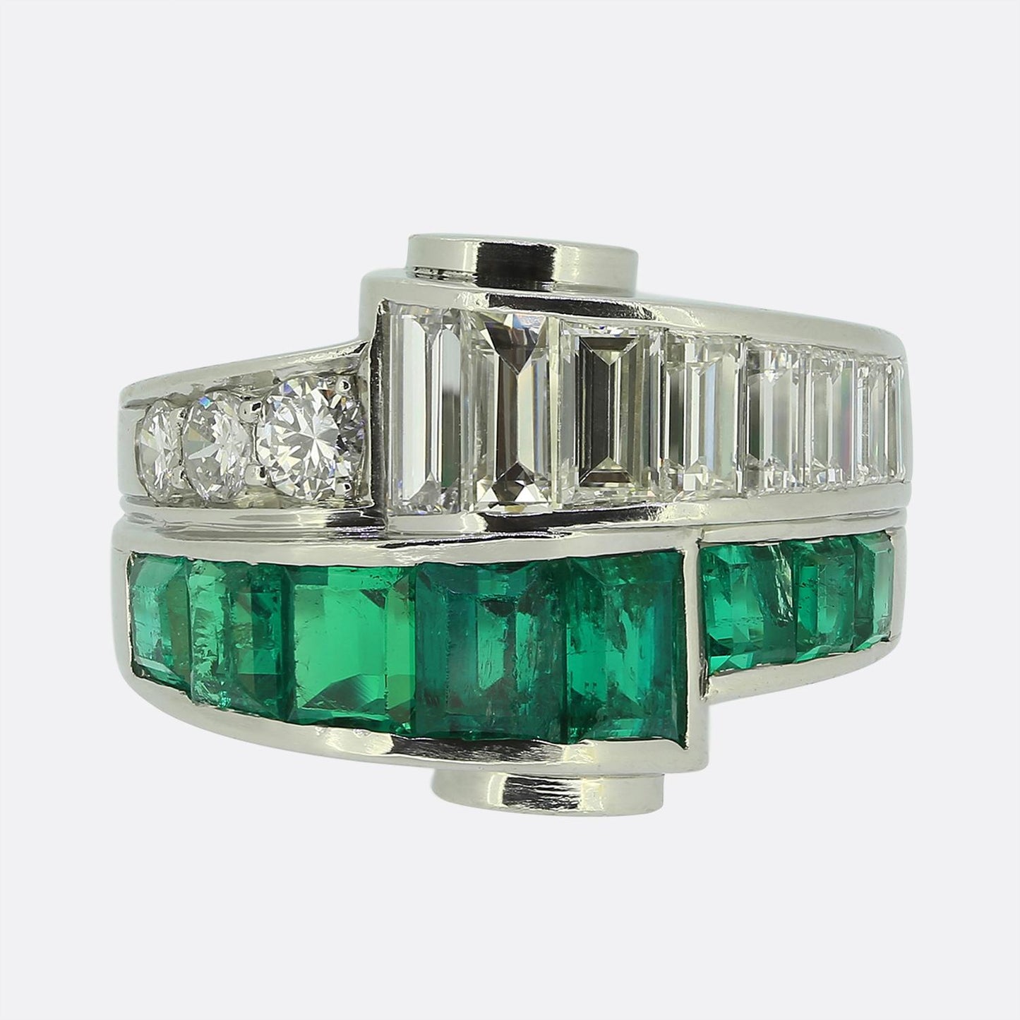 Emerald and Diamond Two-Row Ring