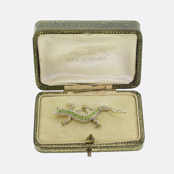 Vintage Demantoid Garnet and Diamond Lizard Brooch