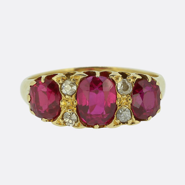 Edwardian Synthetic Ruby and Diamond Three Stone Ring