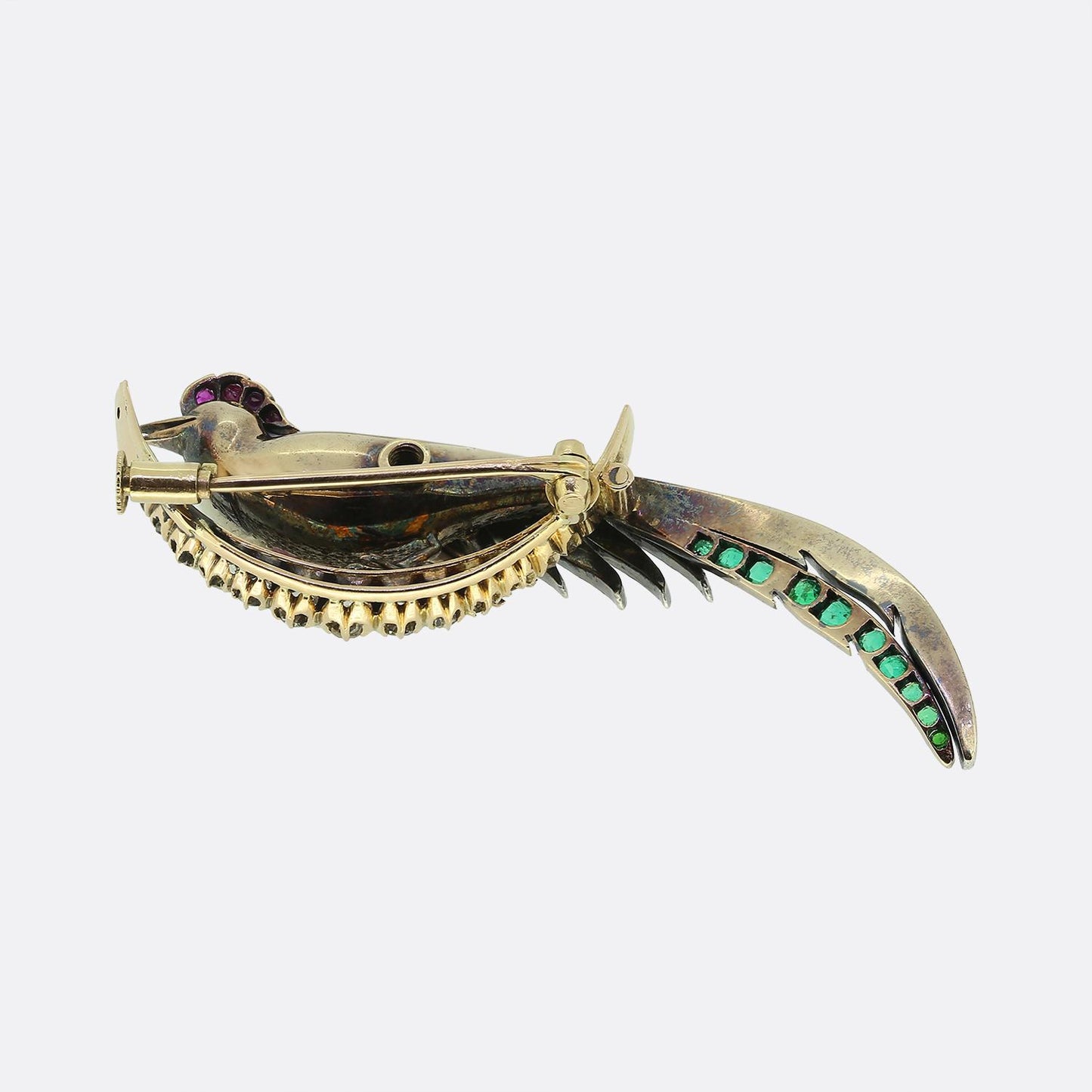 Victorian Ruby Emerald and Diamond Peacock Crescent Brooch