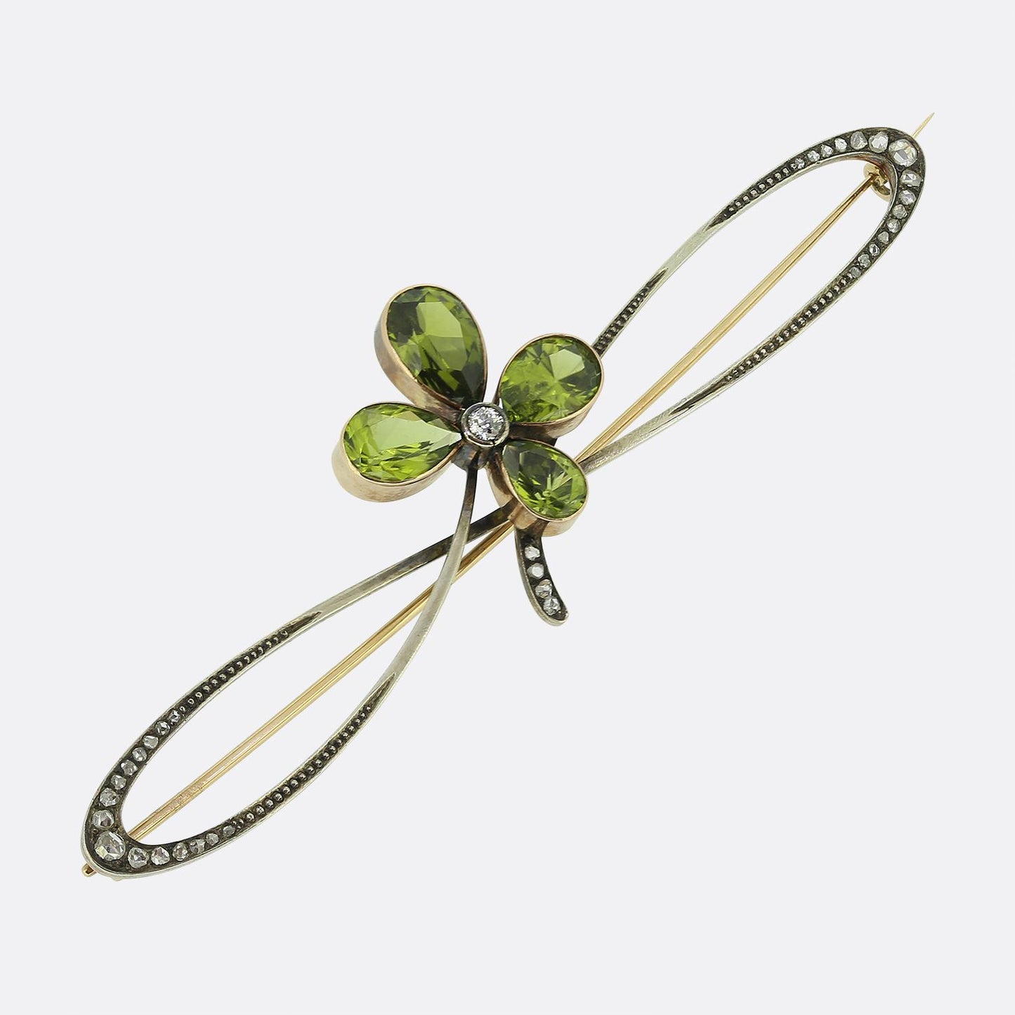 Antique Peridot Clover and Diamond Brooch