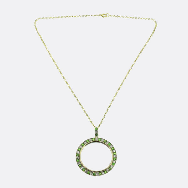 Art Deco Demantoid Garnet and Diamond Locket Pendant Necklace