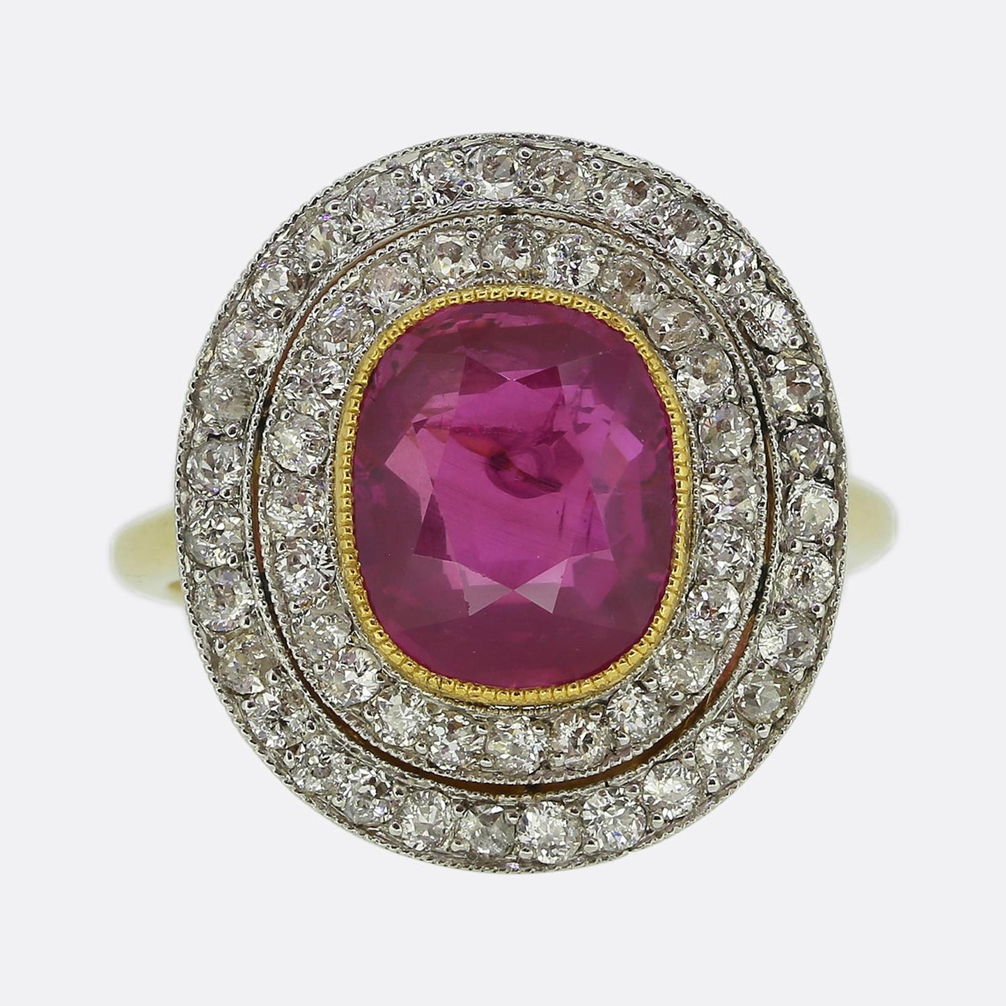 Art Deco 2.50 Carat Burmese Pink Sapphire and Diamond Double Halo Ring