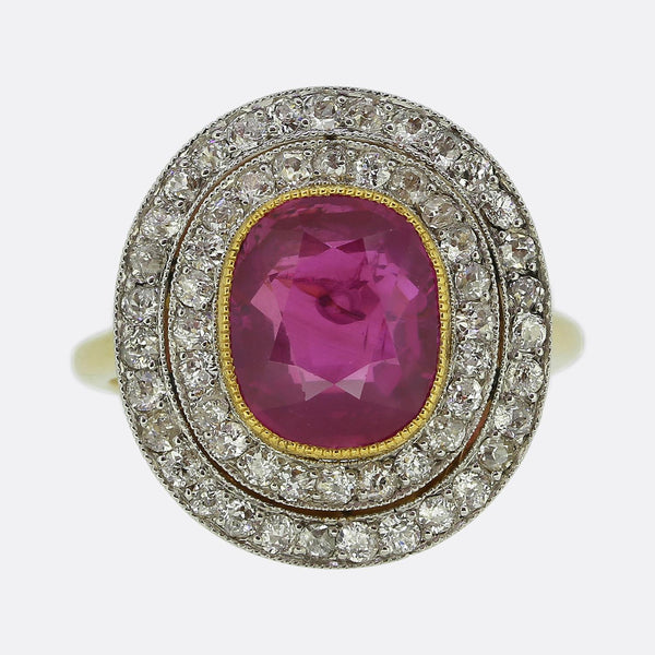 Art Deco 2.50 Carat Burmese Pink Sapphire and Diamond Double Halo Ring