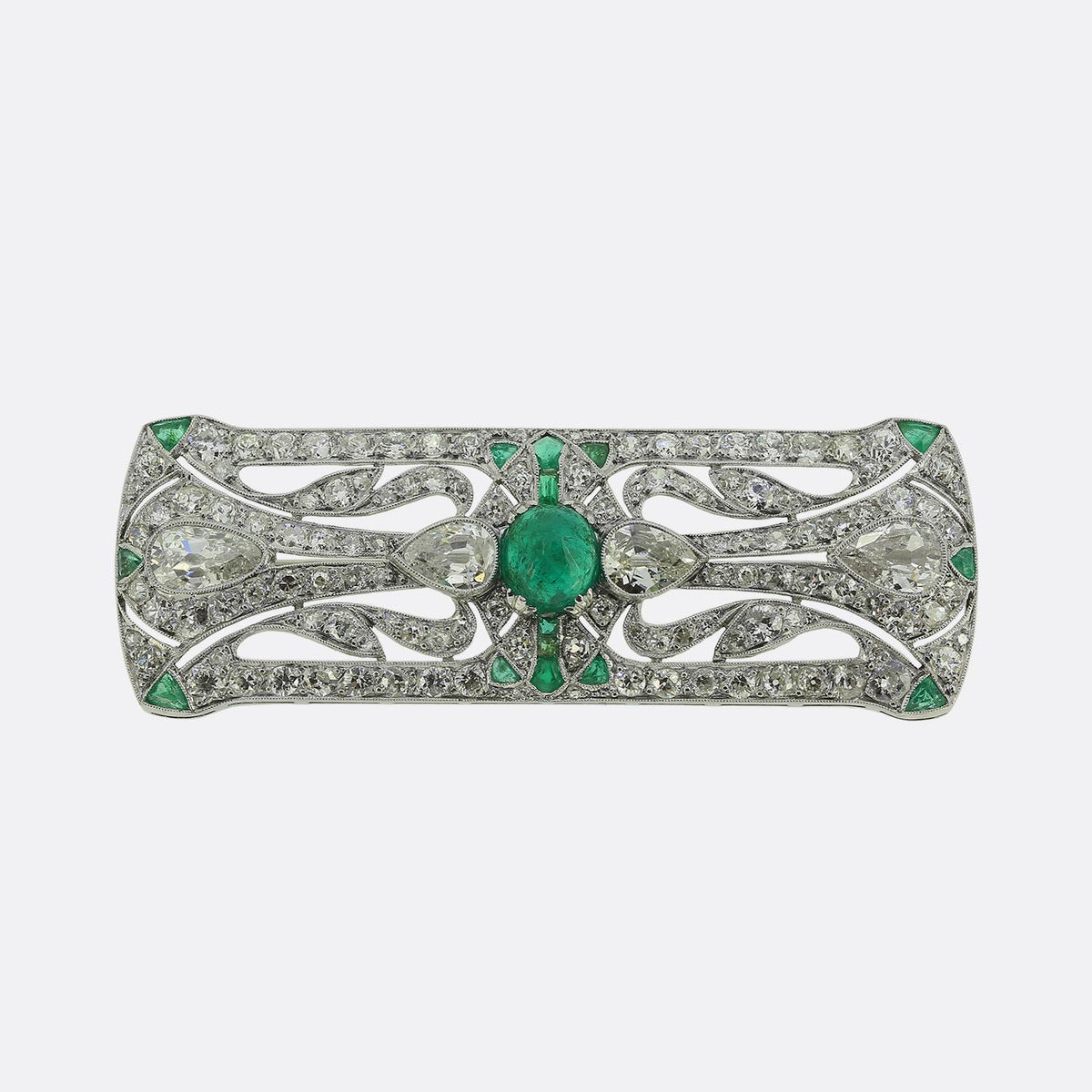 Art Deco Cabochon Emerald and Old Pear Cut Diamond Brooch