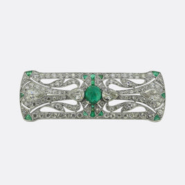 Art Deco Cabochon Emerald and Old Pear Cut Diamond Brooch