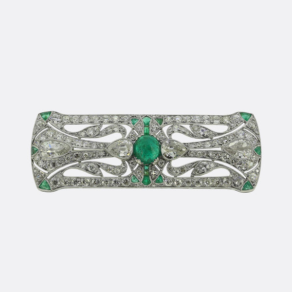 Art Deco Cabochon Emerald and Old Pear Cut Diamond Brooch