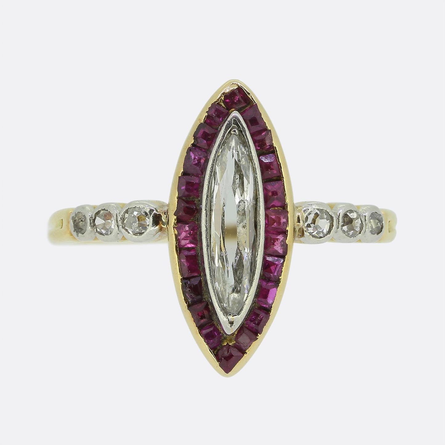 Edwardian Portrait Marquise Cut Diamond and Ruby Ring