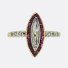 Edwardian Portrait Marquise Cut Diamond and Ruby Ring