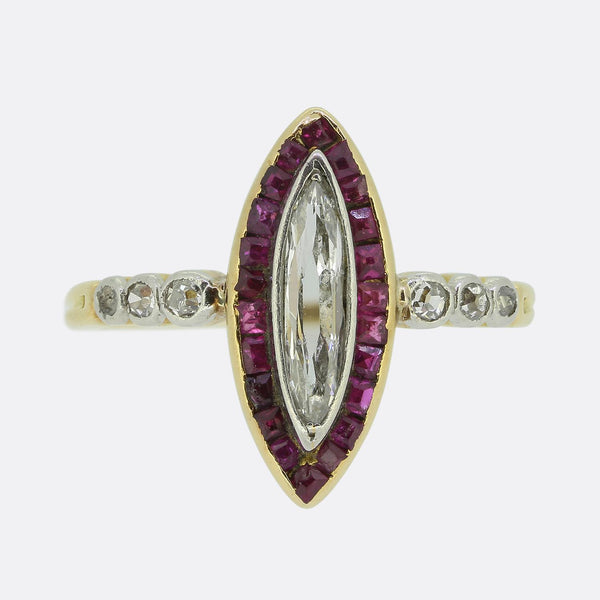 Edwardian Portrait Marquise Cut Diamond and Ruby Ring