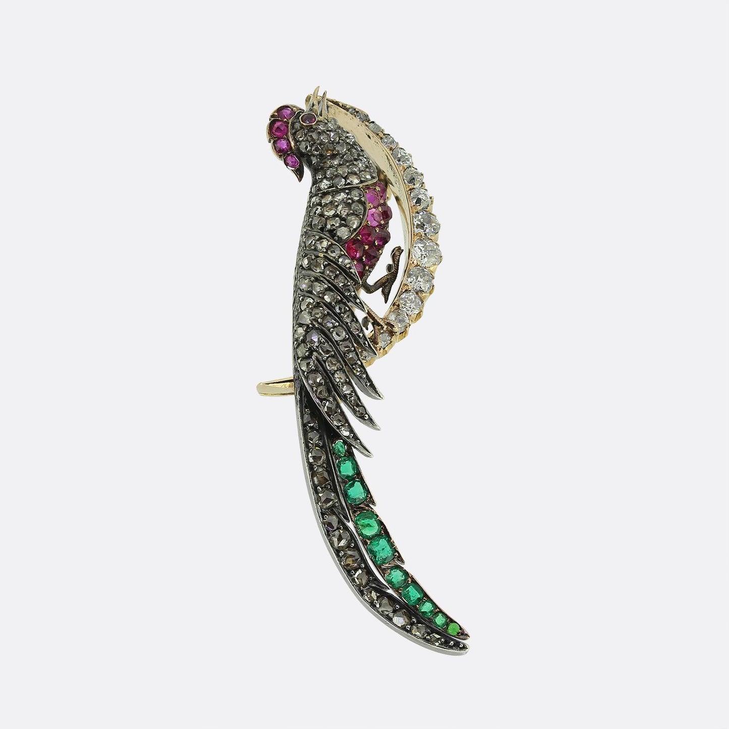 Victorian Ruby Emerald and Diamond Peacock Crescent Brooch