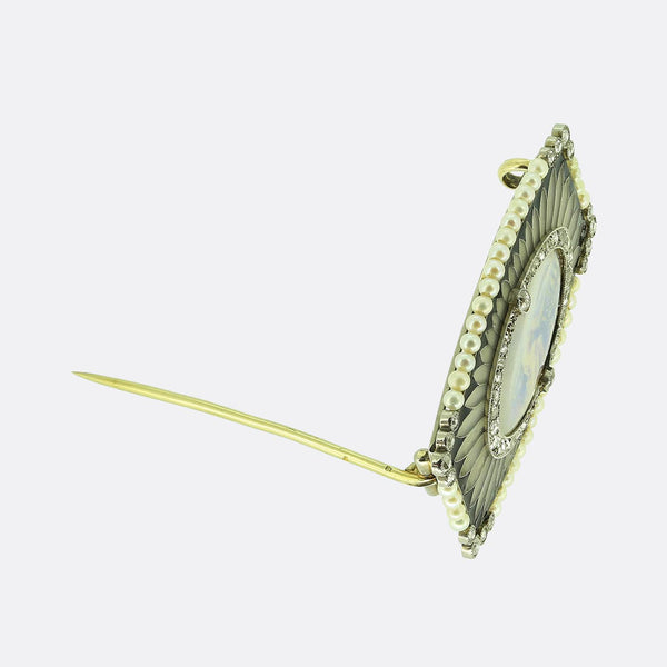 Belle Époque Pearl and Diamond Miniature Portrait Brooch