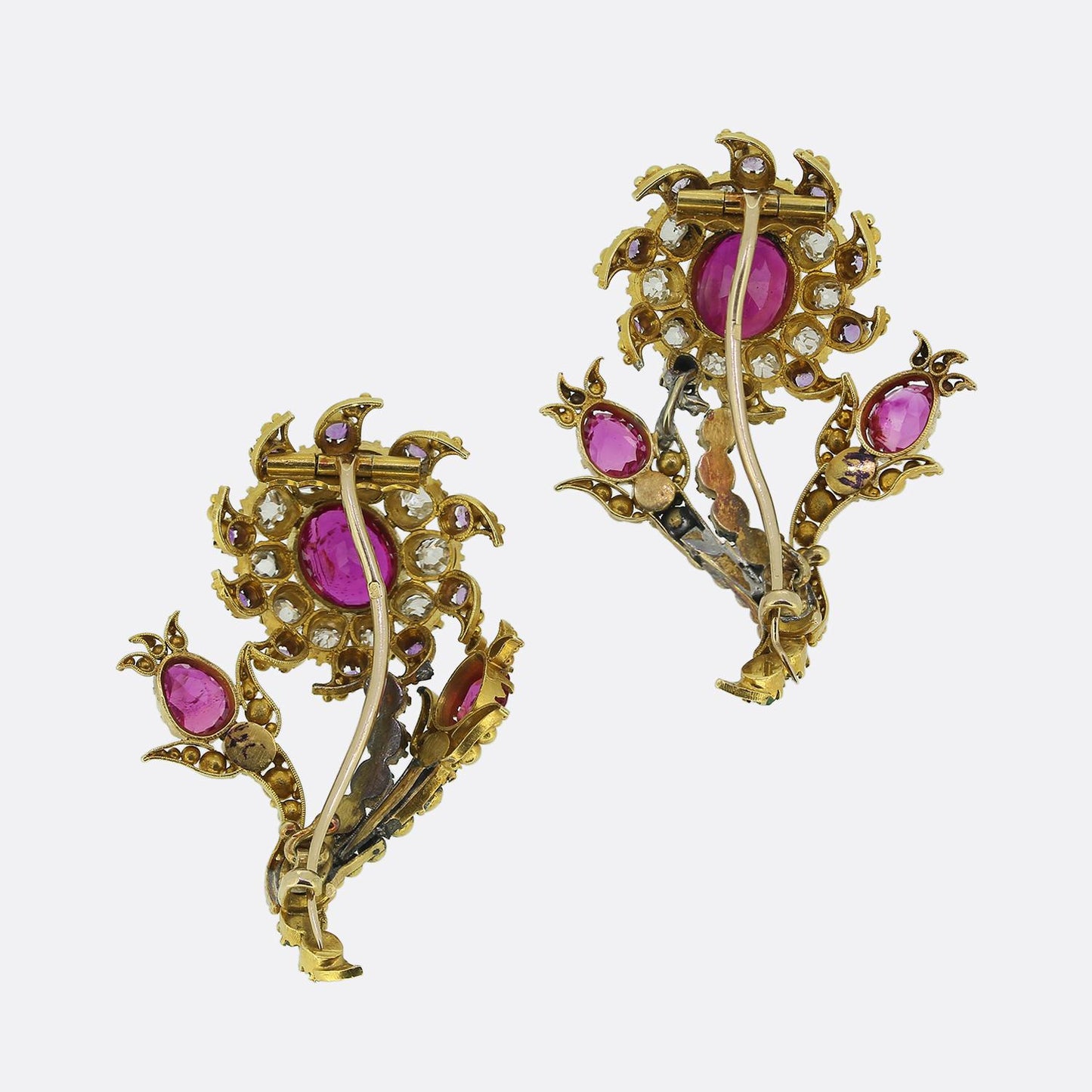 Antique Burmese Ruby and Multi Gemstone Flower Brooch Set