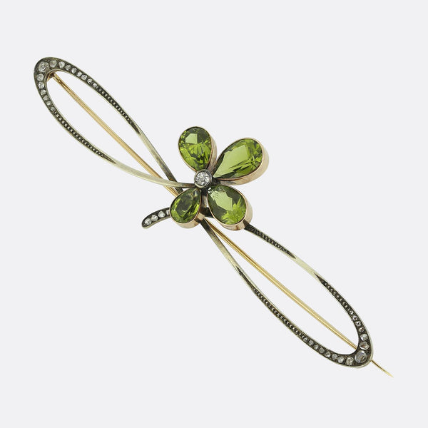 Antique Peridot Clover and Diamond Brooch