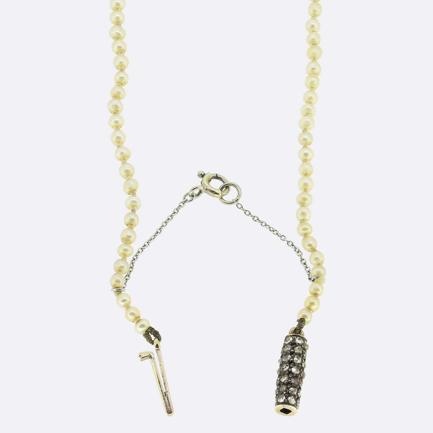 Antique Natural Pearl Necklace and Rose Cut Diamond Clasp