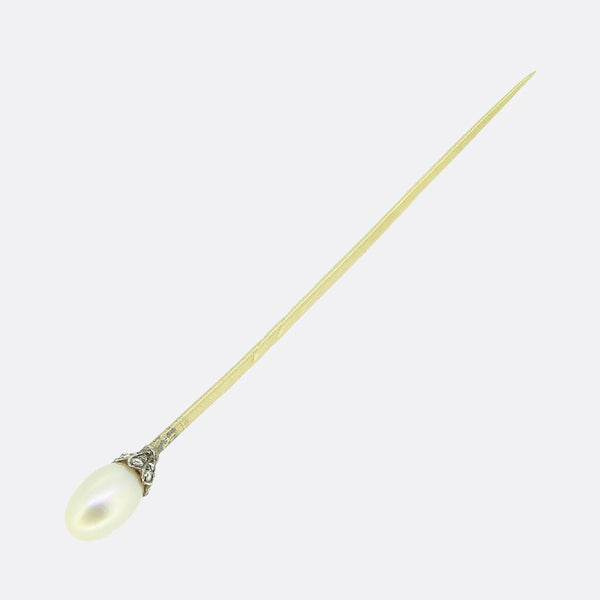 Antique Natural Pearl and Diamond Stick Pin