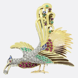 Vintage Bird Of Paradise Diamond Ruby Sapphire and Emerald Brooch